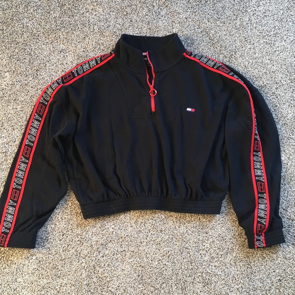 Tommy Hilfiger Black Cropped Half-Zip Pullover with Red Accent Tape
